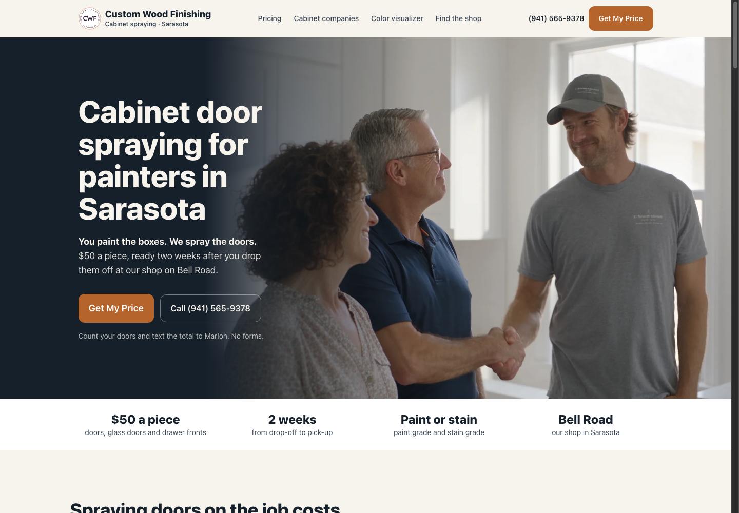 Custom Wood Finishing public homepage captured October 8, 2026.