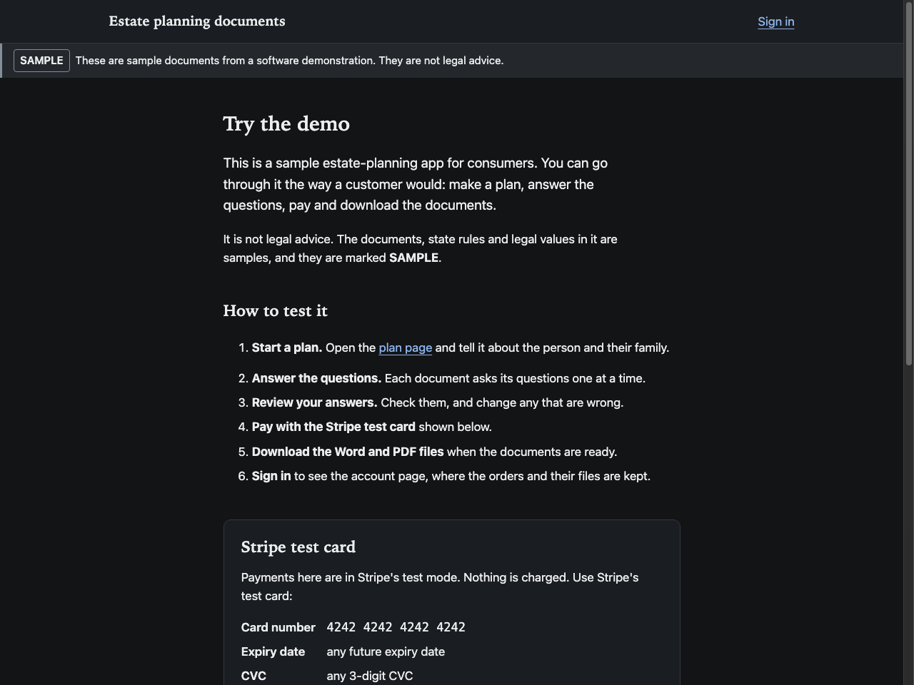 Estate-planning demo’s “Try the demo” page with a SAMPLE disclaimer, six testing steps and Stripe test-card 4242 instructions.