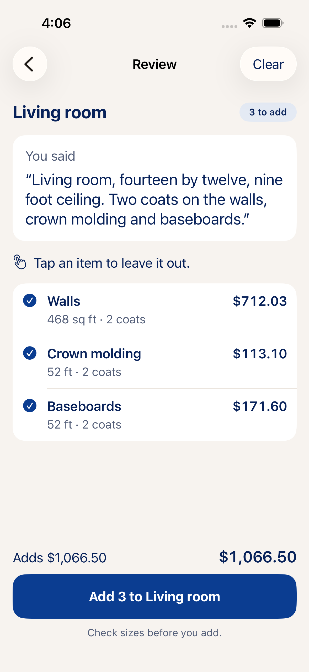 iPhone prototype’s priced-review screen with typed sample input, synthetic Walls, Crown molding and Baseboards items, inclusion controls and an “Add 3 to Living room” action.