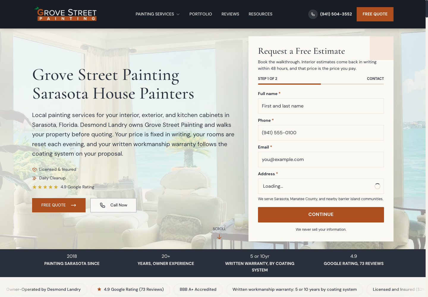 Grove Street Painting public homepage captured October 8, 2026.