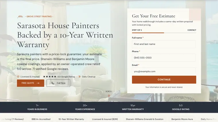 Grove Street Painting homepage from June 18, 2026, with a Sarasota house-painting introduction and estimate form.