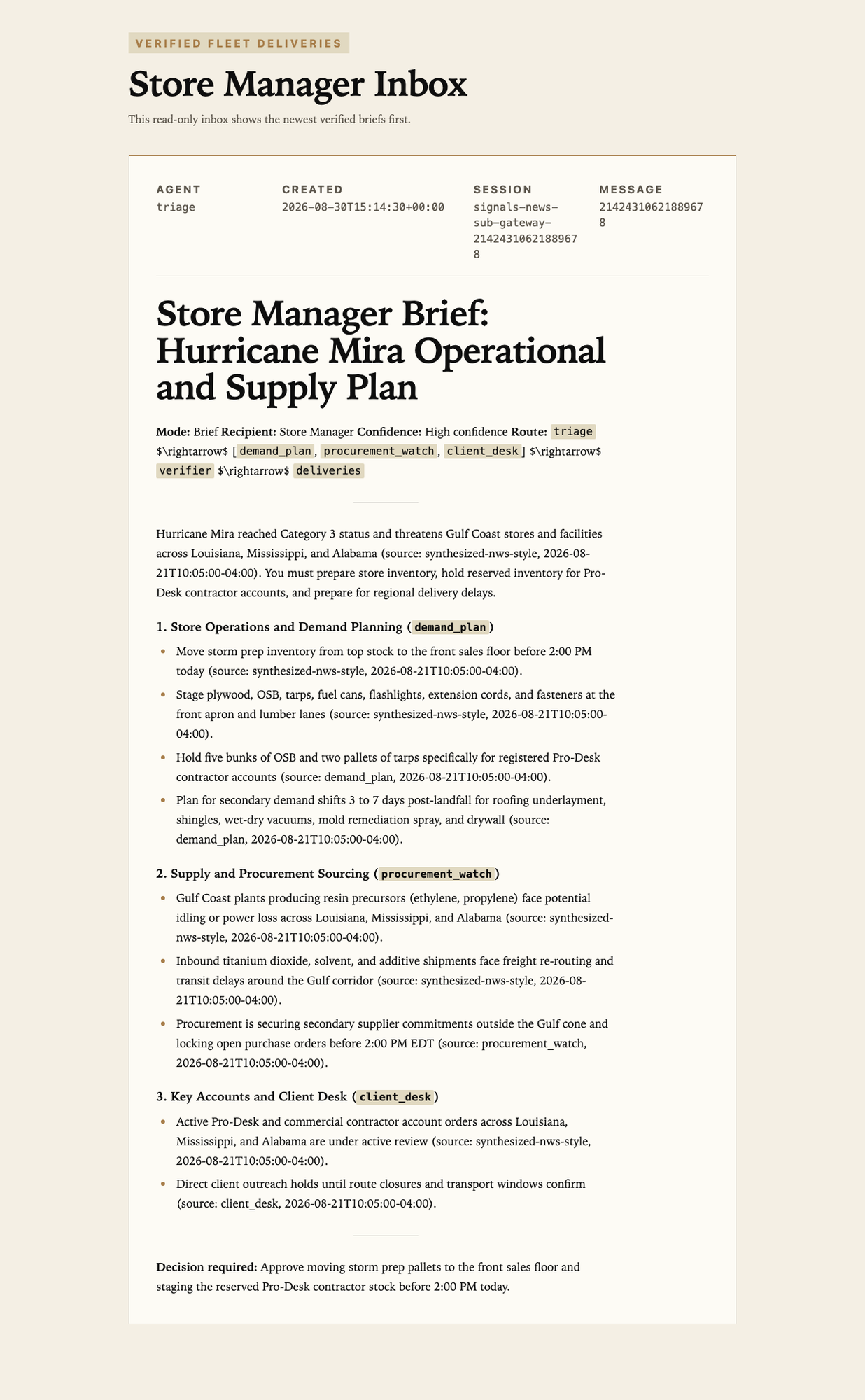 Store Manager Inbox titled “Verified Fleet Deliveries”, showing a synthetic Hurricane Mira brief with triage, demand_plan, procurement_watch, client_desk and verifier tags.