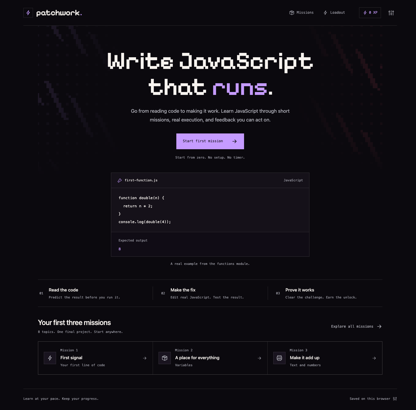 Pixel-arcade homepage headed “Write JavaScript that runs.” with a first-function.js example, expected output 8 and the first three missions.