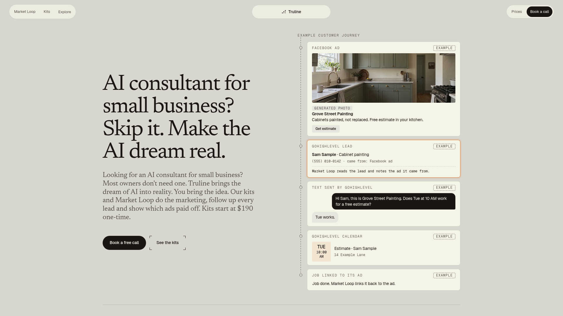 Truline Digital Services homepage with a service offer beside a labeled example lead-to-job journey.