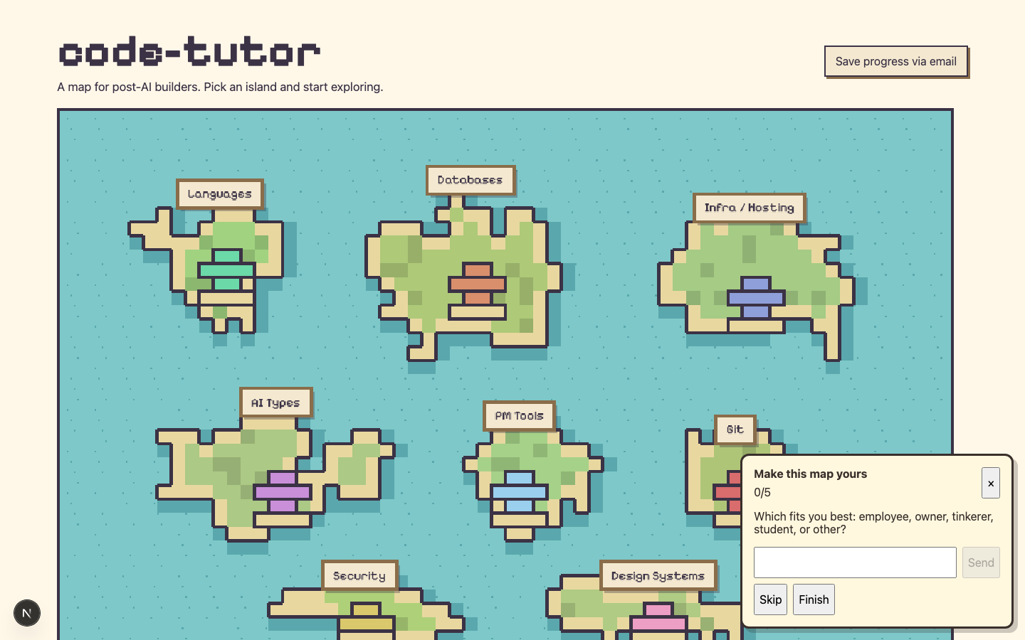 Vibe Code Quest pixel map with eight labeled topic islands and a “Make this map yours” onboarding prompt.